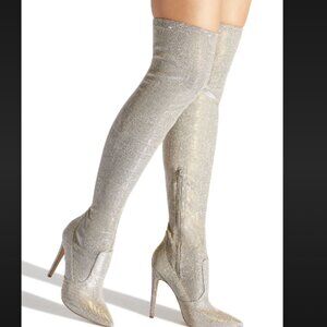 NWOT Shoe Dazzle Sparkle Silver Gold Thigh High Wide Calf Stiletto Boots